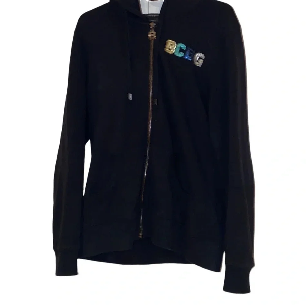 BCBG Maxazria  rhinestone logo black hoodie sweater Sz L - Picture 15 of 15